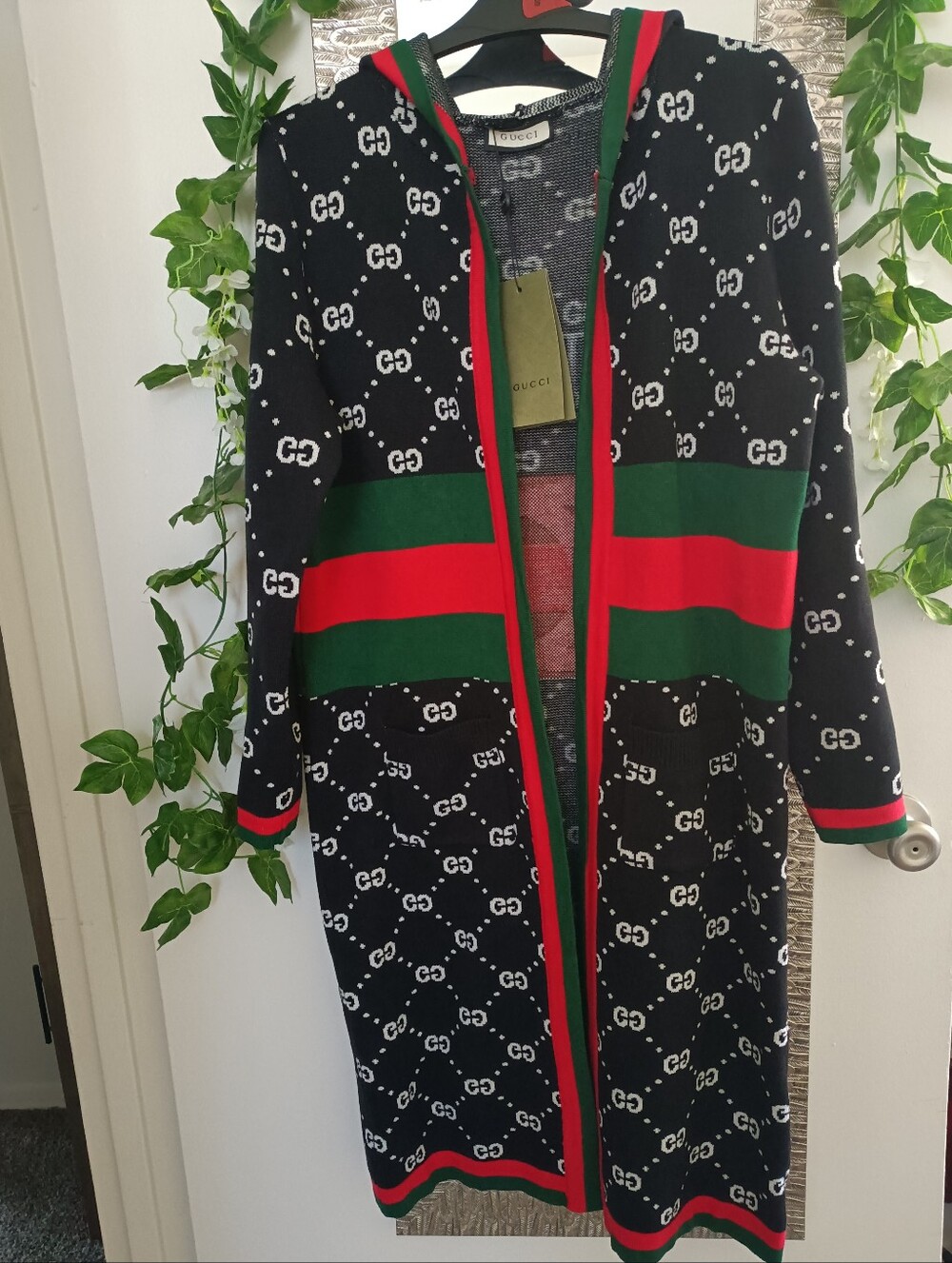 Gucci Black Knit Hooded Long Cardigan with Signature Stripe